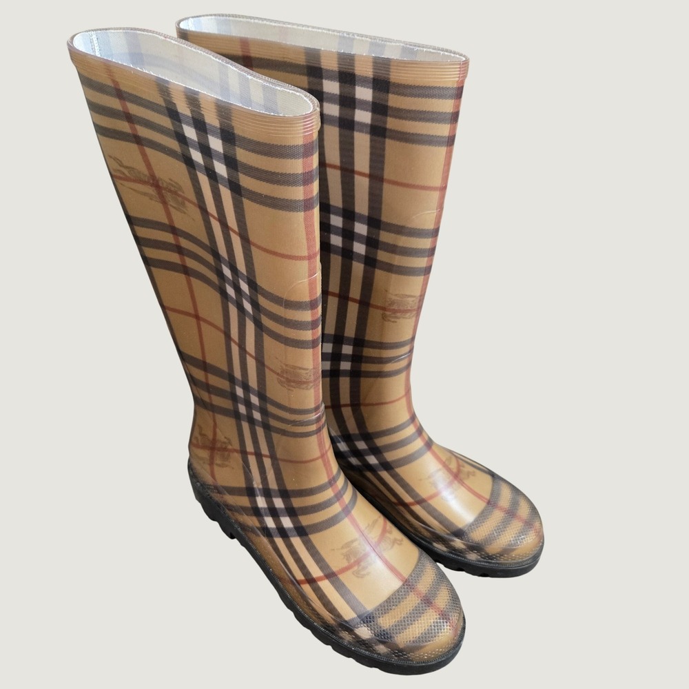 Burberry House Check Tall Rain Boots Tan Plaid Rubber Made in Italy Womens 39